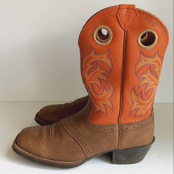 JUSTIN Stampede Kids Tan & Sunrise Dusty Leather Square Toe Western Boots 4 D - Picture 3 of 11